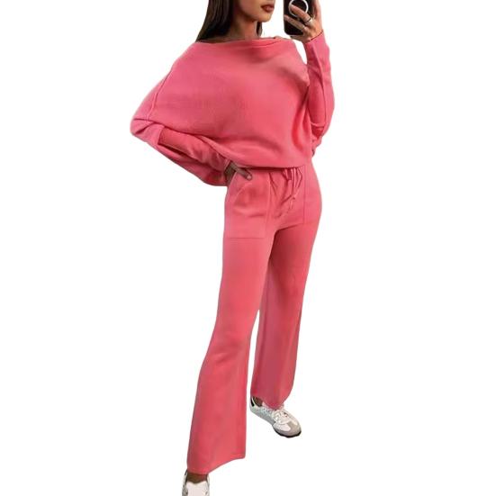 2 шт./комплект женский топ брюки комплект с открытыми плечами длинный рукав летучая мышь толстовка эластичный пояс расклешенные спортивные штаны спортивный наряд осенний повседневный спортивный костюм