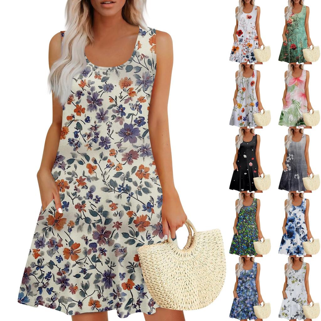 Women's Summer Casual Square Neck Floral Print Dress Sleeveless Dress With Pockets