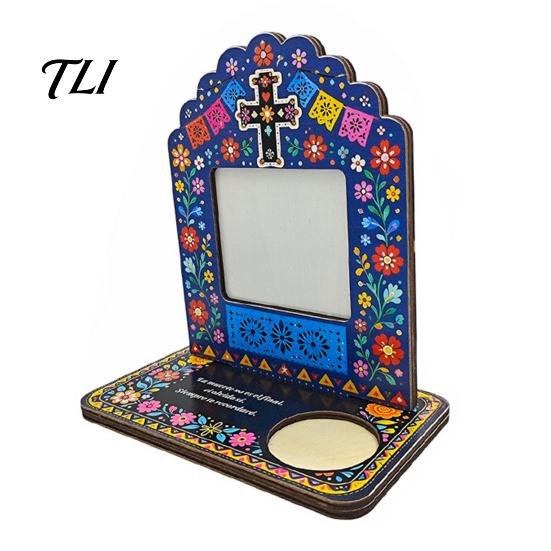 Photo Frames with Candle Holders Day of The Dead Frame Integrated Holder, Decorative Mexican Theme Decorations Sugar Skull Picture Frame,