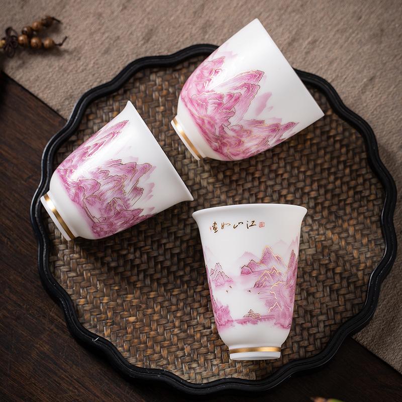 Vegetarian-fired suet jade porcelain picturesque teacup ceramics personal special tea drinking cup single cup tea cup master cup