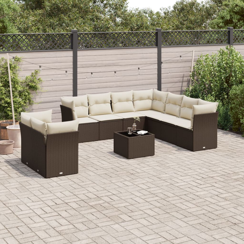 10 piece Garden Sofa Set with Cushions Brown Poly Rattan