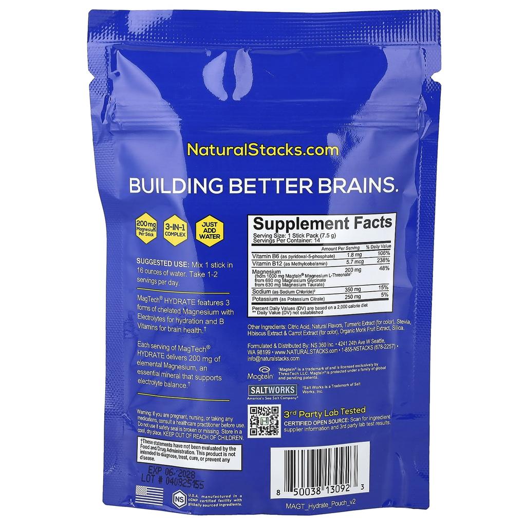 Natural Stacks Magtech® Hydrate, Citrus Splash, 14 Stick Packs, 7.5g (0.26oz) Each