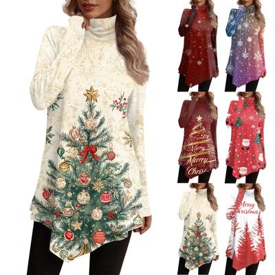 Повседневная мода Рождественский принт Рубашка Топы Высокий ворот Неровный подол Длинный рукав Пуловер Топы
