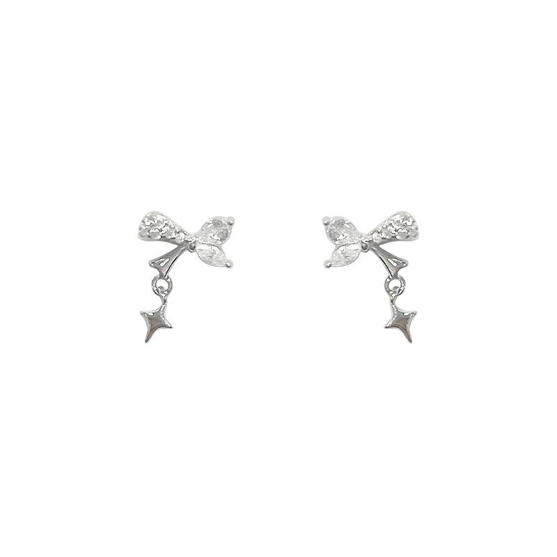 S925 Silver Plated Earrings, Girly Bow Earrings, Sparkling Diamond Four-pointed Star Butterfly Earrings, Temperament Cross Star Earrings, Korea