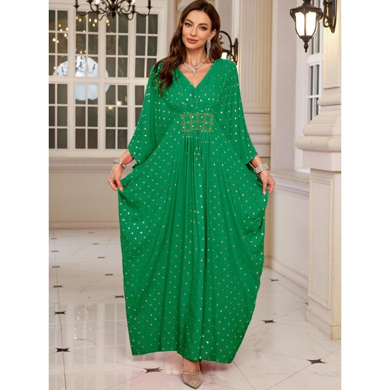 Женская мода весна осень горошек принт длинный рукав V-образный вырез свободная талия повседневные платья