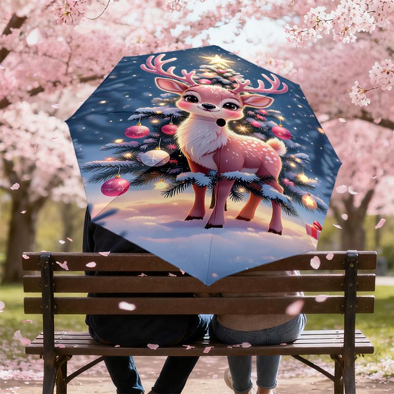 1PC Christmas, Deer Automatic Open/Close Umbrella with Windproof, 8-Rib Sturdy Canopy, Durable Ribs, Fashionable Design, Outdoor Accessory, Fun Prin,