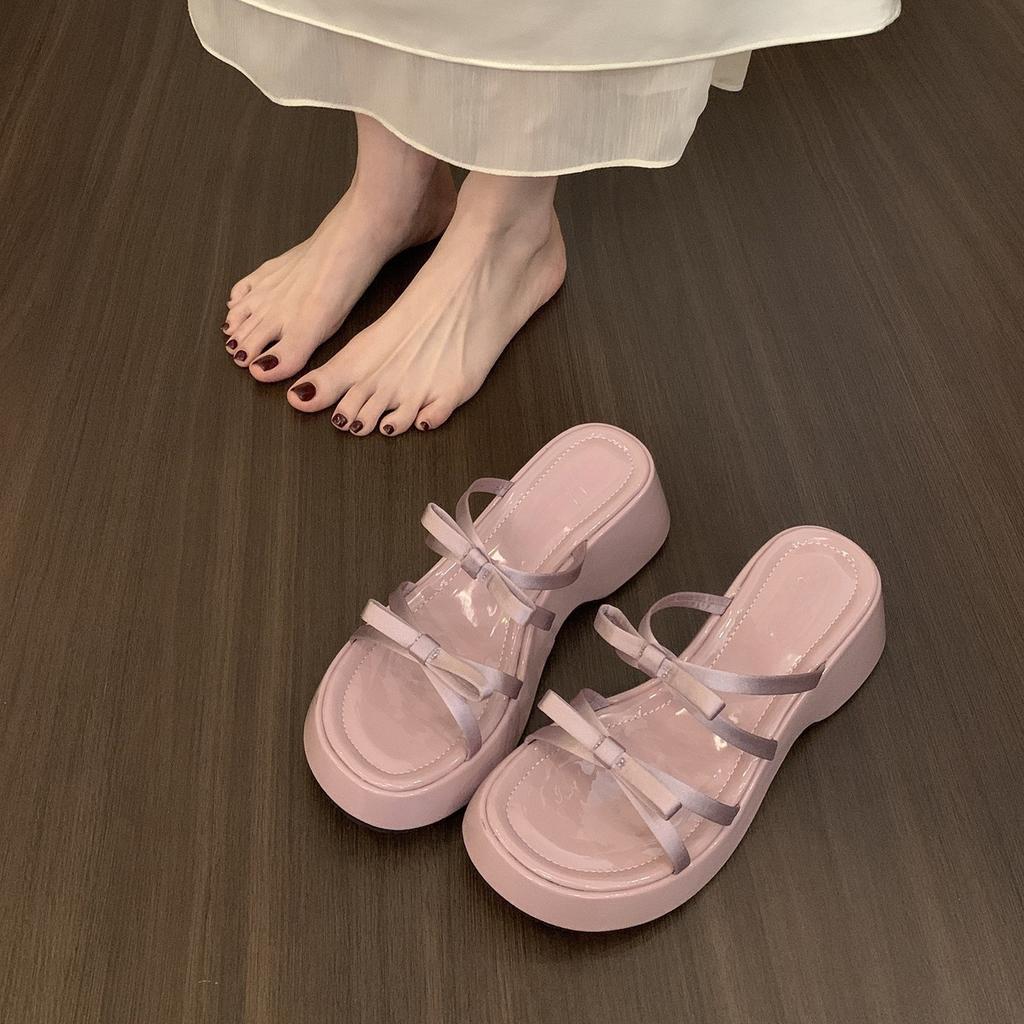 Красивый бант с тапочками на платформе для женской летней носки с открытым носком на танкетке сандалии на высоком каблуке