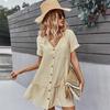 Summer Women Casual Short Dress V Neck Single Breasted A Line Solid Color Dresses Spring Summer Apricot Navy Blue Sizes S M L XL