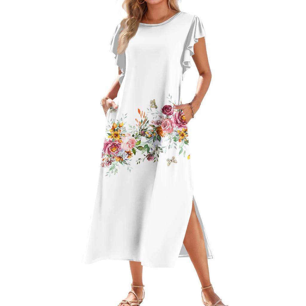 Женское модное летнее повседневное пляжное платье с плиссированными рукавами, свободным ретро-цветочным принтом, короткими рукавами, круглым завязкой и карманом