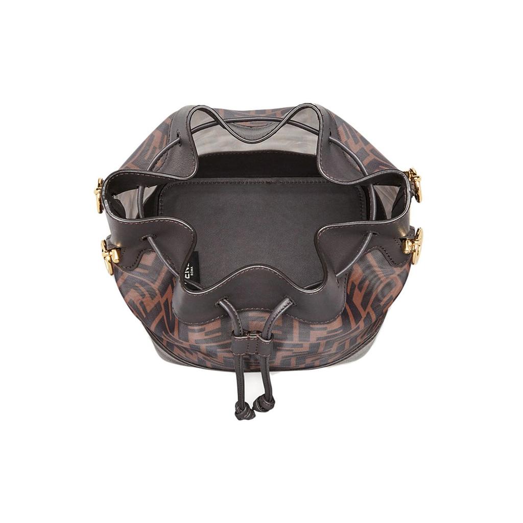 Fendi Mon Tresor Logo FF Pattern High-Tech Breathable Mesh And Leather Drawstring Bucket Bag Women Bags Brown 8BT298-A8HN-F12PK
