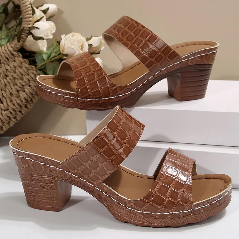 Мода 2025 Сандалии на массивном каблуке из искусственной кожи Женские больших размеров 36-43 Платформа Высокий каблук Шлепанцы Женские Легкие С открытым носком Летние Сандалии
