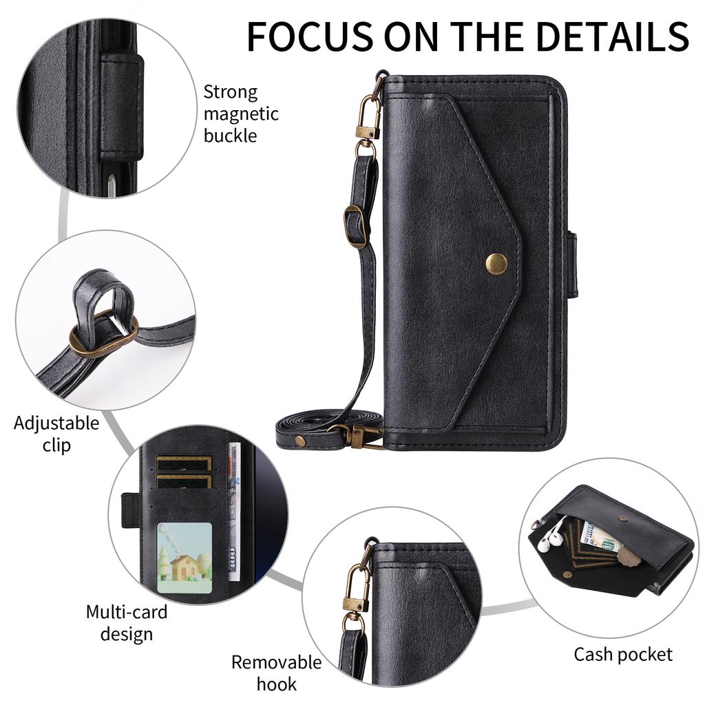 For Realme 14 Pro+ 5G Leather Case Magnetic Closure Wallet Stand Phone Cover with Crossbody Strap
