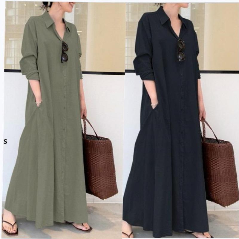 Однотонное цветное длинное платье-рубашка с лацканами и вставным карманом на рукаве