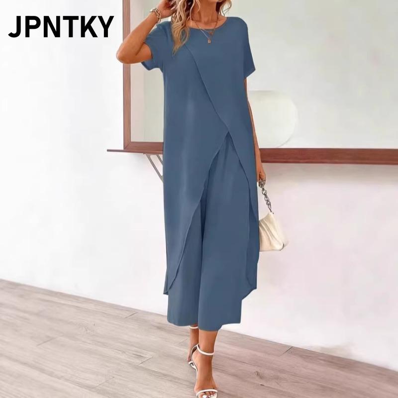 JPNTKY Женские модные повседневные костюмы с коротким рукавом и круглым вырезом