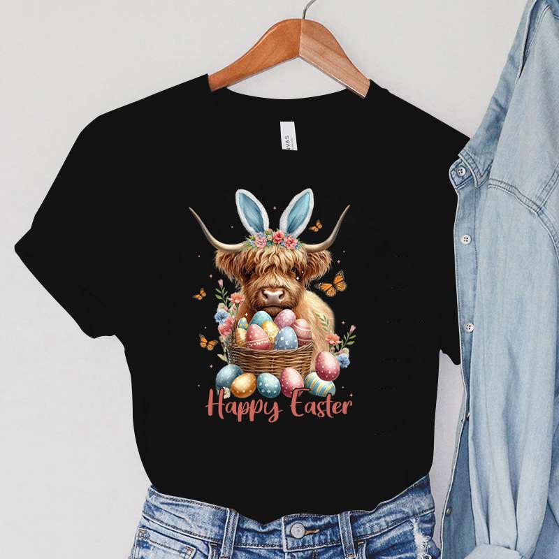 Hot Easter Day Unisex Short Sleeve Cow Happy Easter Print T Shirts Women Causal Harajuku Tops Funny T Shirt