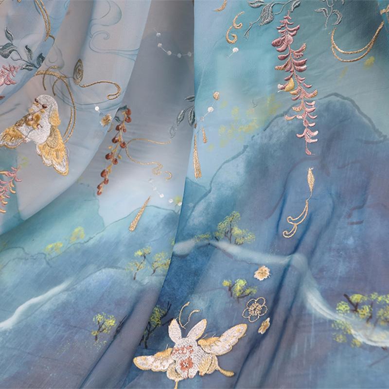 1/3/5M Древний Стиль Градиент Ткань Ханфу Кролик Глициния Напечатанный Шифон Вышитая Ткань Для Самостоятельного Шитья Костюм Платье Ханфу