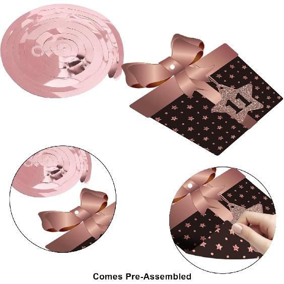 BRT Bearingshui Счастливым 11-м Днем Рождения Висячие Спирали Ленты Потолочные Украшения, Празднование 11 Фольгированные Висячие Спирали с Вырезами для 11-летнего Возраста Розовые