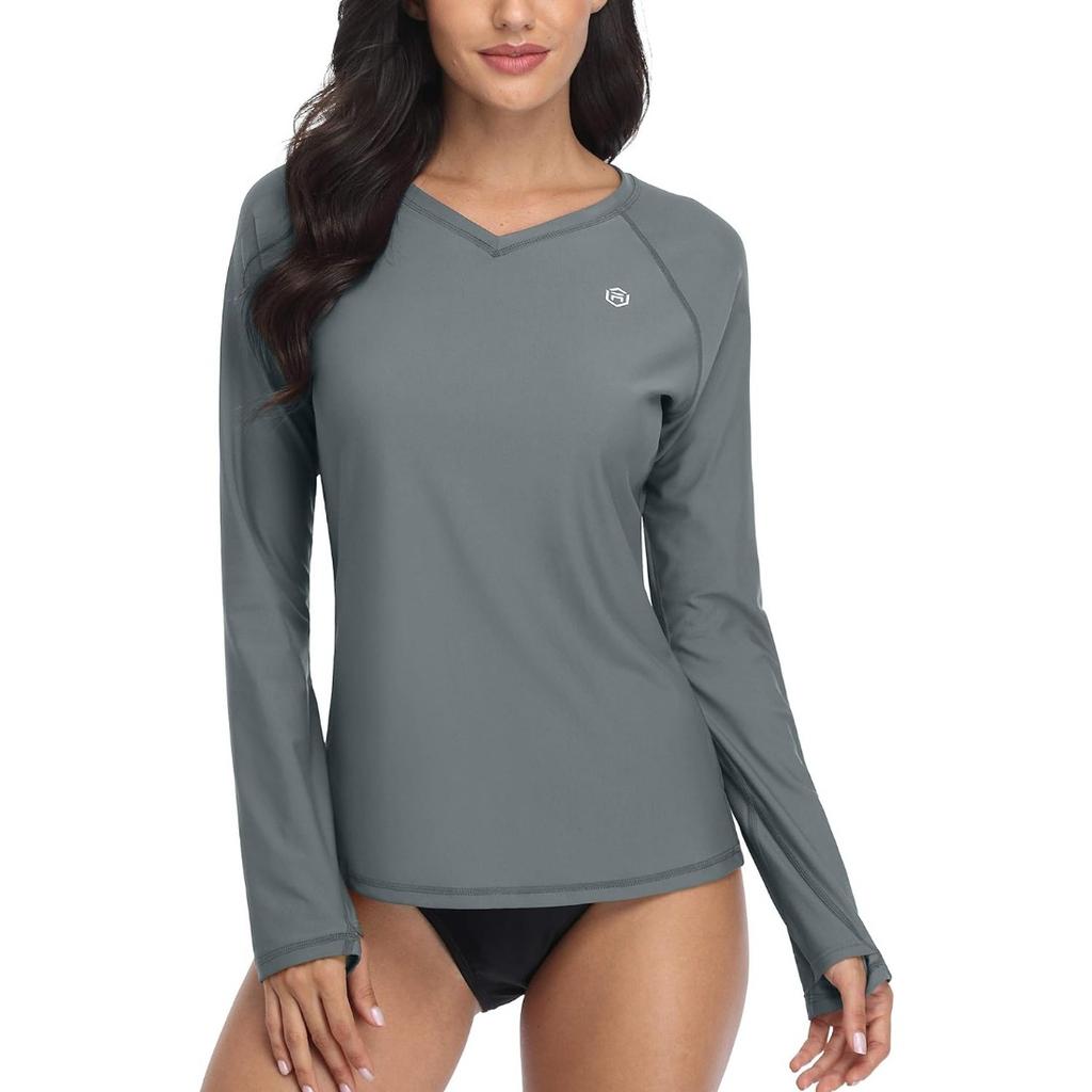 CHARMLEAKS Женская рубашка для плавания с защитой от опрокидывания, с длинным рукавом, защита от солнца, отверстие для большого пальца, UPF 50, V-образный вырез