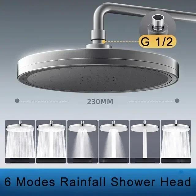 New 6 Modes Adjustable Large Rainfall Shower Head High-Pressure Water Saving Big Panel Top Spray Rain Showerhead 360° Swivel