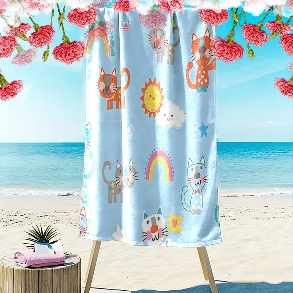 Whimsical cats and rainbows Print beach towel, quick drying, suitable for travel, outdoor sports, jogging, the beach and swimming, gift