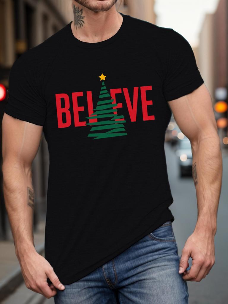 Believe Christmas Tree Graphic Mens Cotton TShirt Casual Short Sleeve Round Neck Tee