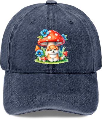 Cute Puppy and Mushroom Watercolor Print Washed Baseball Cap Adjustable Casual Sun Protection Adult Hat