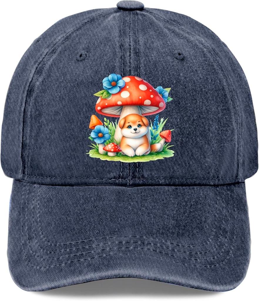 Cute Puppy and Mushroom Watercolor Print Washed Baseball Cap Adjustable Casual Sun Protection Adult Hat