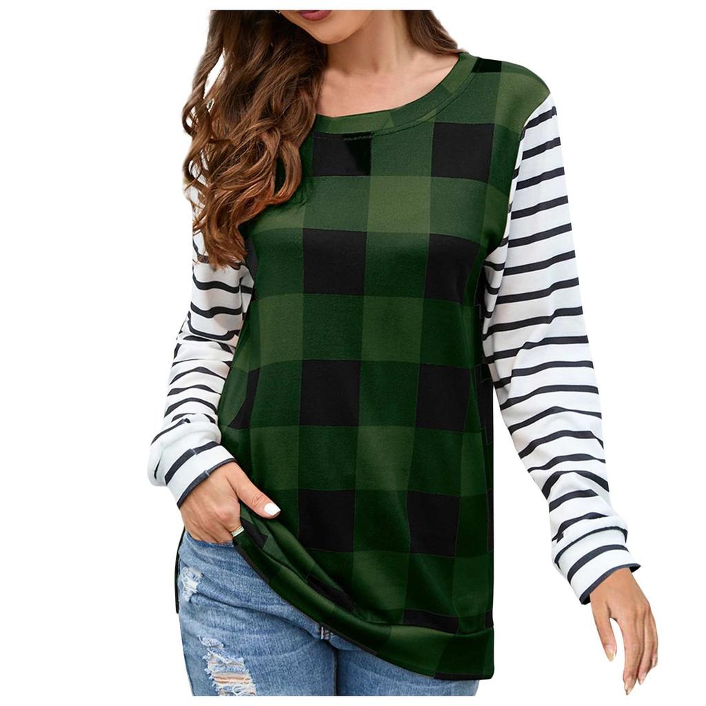 Женская модная повседневная клетчатая плюшевая футболка с круглым вырезом и длинным рукавом