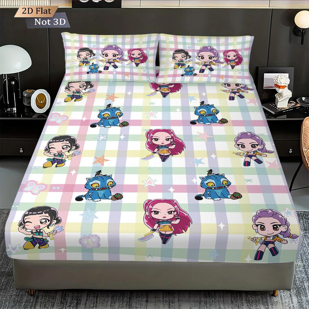 3pcs K-Pop Demon Hunters Print Coreless Bed Sheet Set Multiple Sizes Soft Bed Cover Bedroom Bedding Decoration Machine Washable