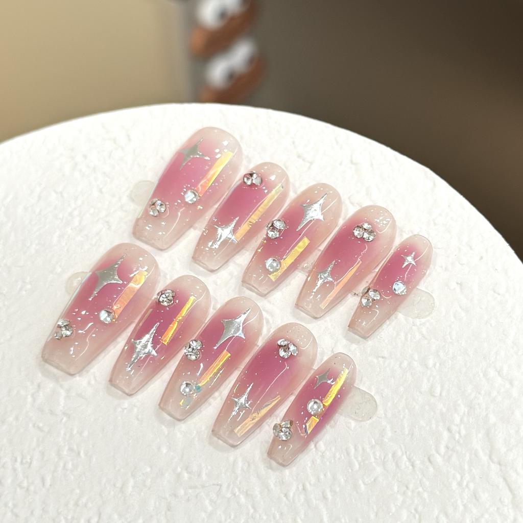 Women Press‑On Nails Pink Blush Smudge Cellophane Stacked‑Rhinestone Starlight Phototherapy Removable False Nail Patches