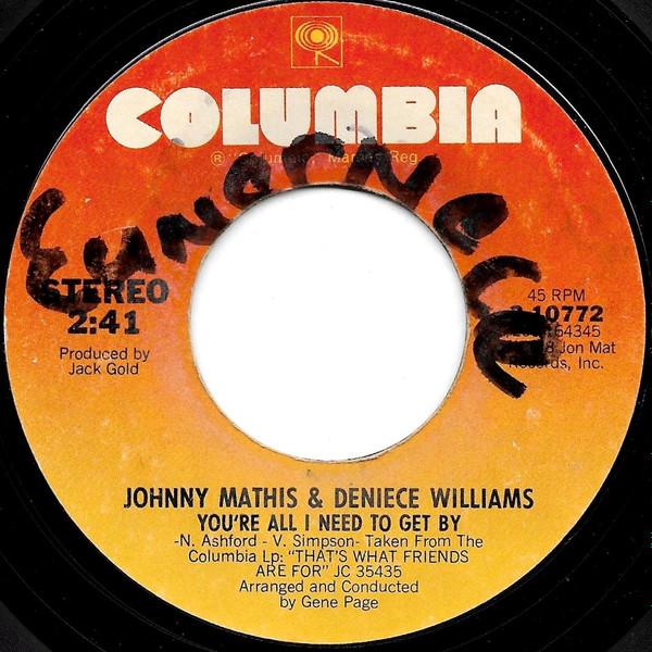 7-дюймовая пластинка JOHNNY MATHIS & DENIECE WILLIAMS - You're All I Need To Get By / You'r 310772 Columbia 1978 US Соул/Фанк Б/У