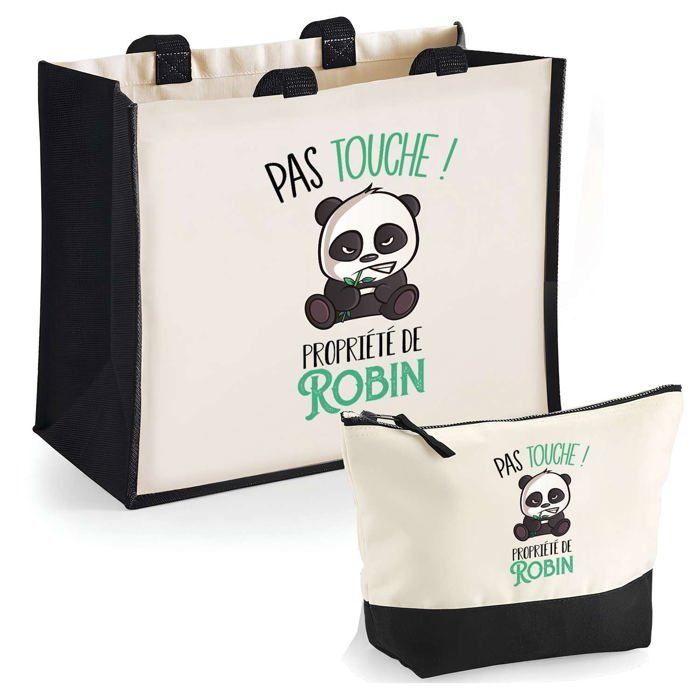 Coffret sac cabas & trousse - PLANETEE - Robin pas touche Panda - Jute & coton - Personnalisable - 33x42 cm