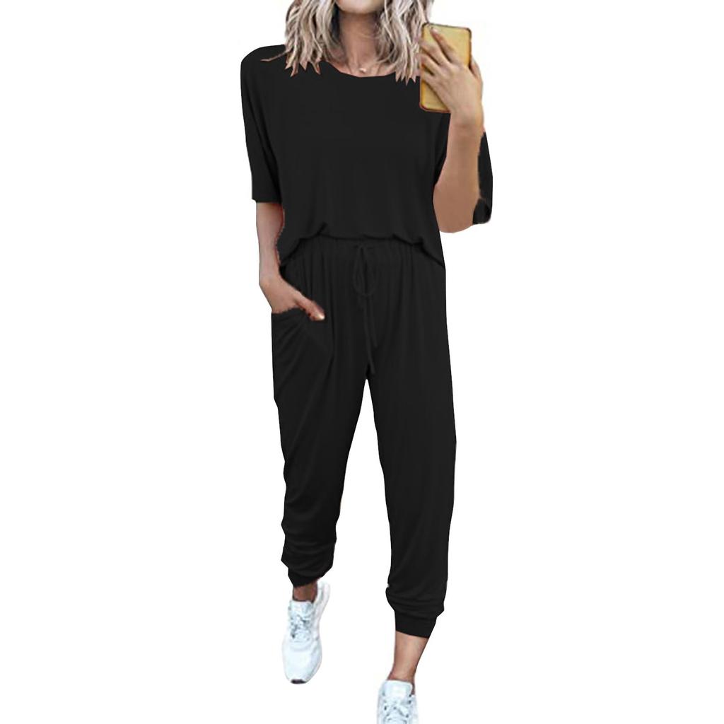 Женский свободный пуловер с круглым вырезом, повседневный модный костюм с короткими рукавами и длинными брюками