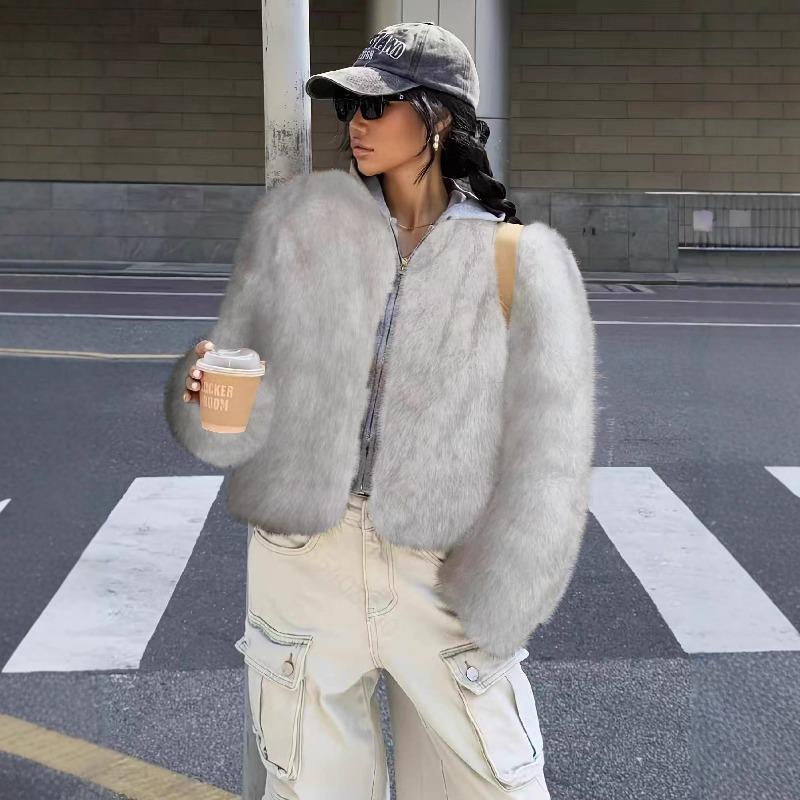 Brown Faux Fur Jacket Women's Autumn Winter New Light Luxurious Top Loog Sleeves Fashion Short Jacket