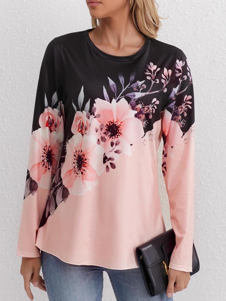 Женская повседневная футболка с цветочным принтом, круглым вырезом и длинными рукавами, на осень 2024 года