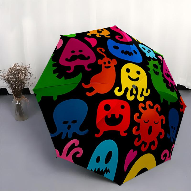 1pc Monster Party Automatic Open/close Folding Compact Umbrella, 8-Rib Sturdy Canopy, Lightweight Portable, Everyday Use, Gift,023