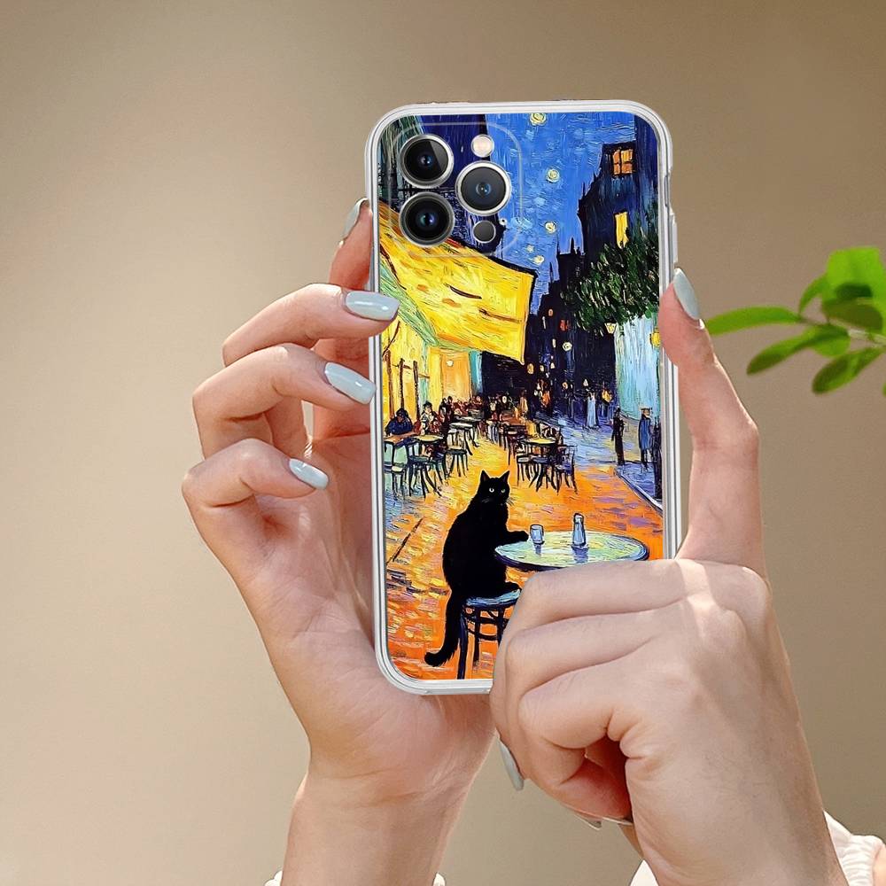 Черный кот Ван Гог ТПУ Силиконовый чехол для IPhone 11 12 13 14 15 16 17 Pro Max Ударопрочный Прозрачная задняя крышка
