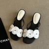 Fashion Sexy Open Toe Chunky Heel One-Strap Women Slippers Orchid Flowers Decor Square Toe Sandals Ladies Summer Beach Shoes