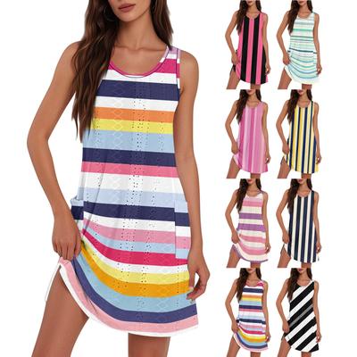 Женское модное повседневное платье с V-образным вырезом, без рукавов, с полосатым принтом