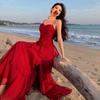 Exquisite Red Seaside Vacation Dress: French Ruffle, Waist-Cinching, Spaghetti Strap, Long Beach Skirt for Women.