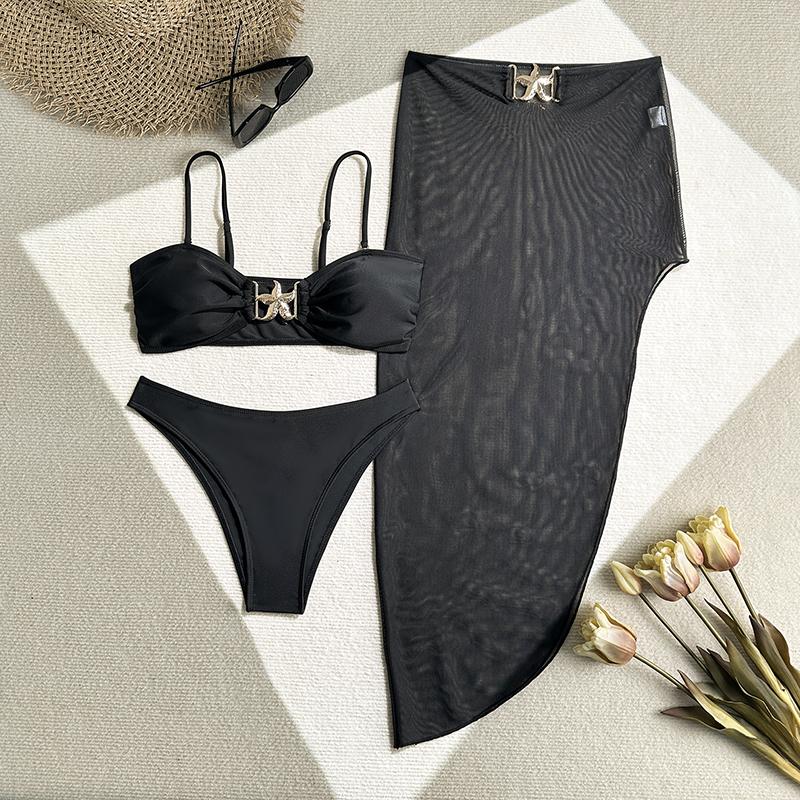 Женский купальник из 3 частей, металлический купальник бикини со звездой, юбка из пряжи с высокой талией, накидки, купальник на подтяжках с открытой спиной, лето, новинка