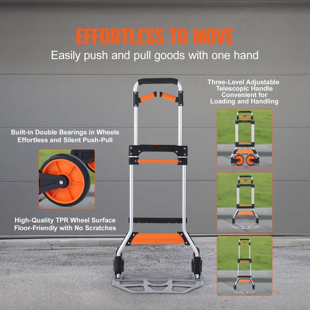 VEVOR Folding Hand Truck, 309 lbs Load Capacity, Aluminum Portable Cart, Convertible Hand Truck and Dolly with Telescoping Handle and PP+TPR Wheels