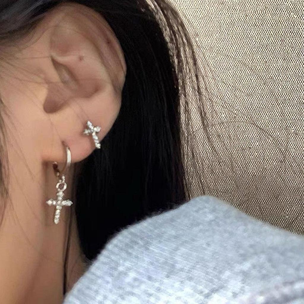 S925 Silver Asymmetrical Diamond Cross Earrings - Japanese & Korean Style, Trendy Fashion Accessories