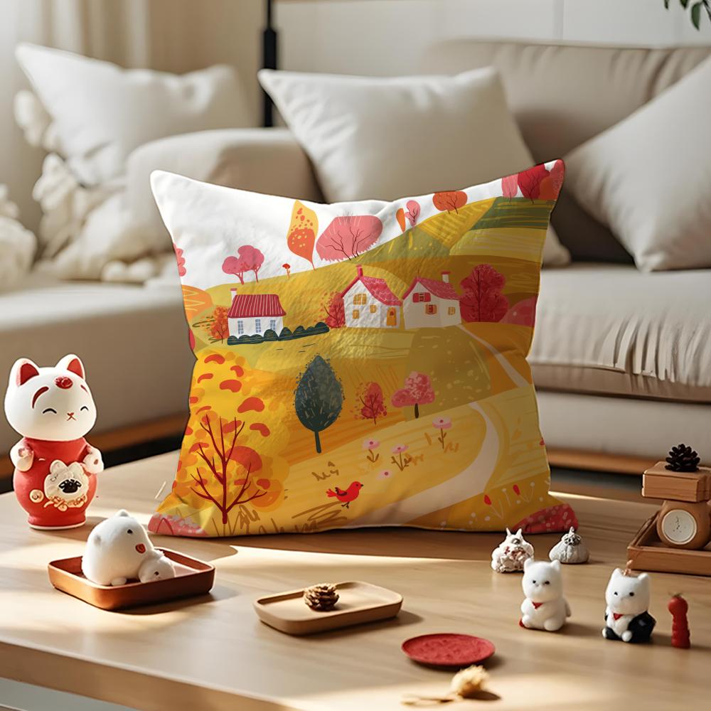 Colorful Farm Painting Pillow Case Antidustmite Pillowcase Invisible Zipper Silky Short Plush Sofa Cushion Cover