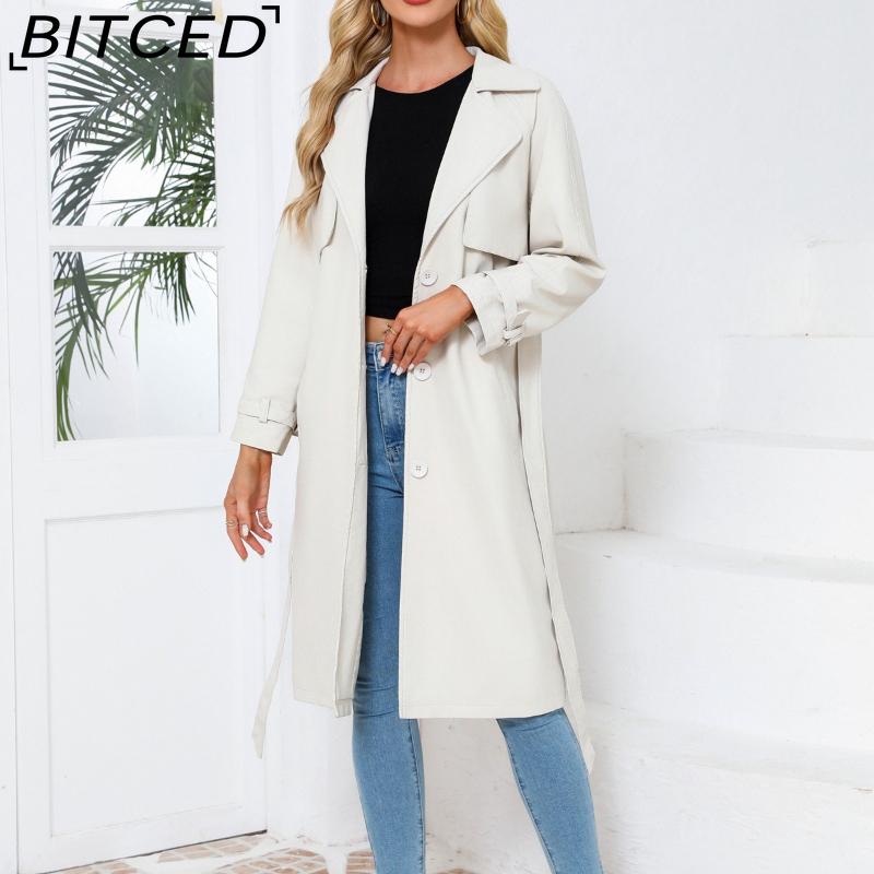 BITCED Spring/Autumn Women's Trench Coat - Long, Loose-Fit Jacket In PU Leather Classic Women's Collared Coat with Belt