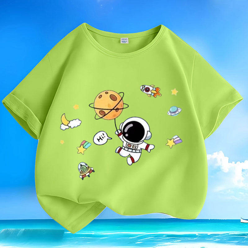 Cotton Summer Cartoon Space Man Parent Child Short Sleeve Small and Medium Children Round Neck Loose T-shirt Casual Top Trendy