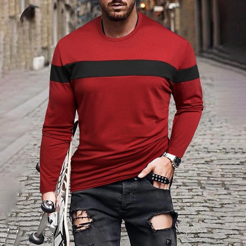 Модная осенняя мужская футболка с длинным рукавом, полосатая футболка с круглым вырезом и принтом, одежда 2024 года, модная уличная мужская спортивная футболка