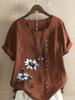 Summer Casual Flower Print Loose T-shirts Vintage Cotton and Linen O-Neck Plus Size Short Sleeve Blouse Tops For Women S-5XL