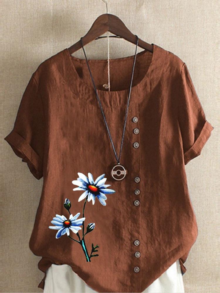 Summer Casual Flower Print Loose T-shirts Vintage Cotton and Linen O-Neck Plus Size Short Sleeve Blouse Tops For Women S-5XL