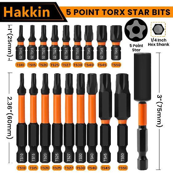 19pcs Torx Driver Bit Set, Magnetic S2 Steel, T10, T15, T20, T25, T27, T30 T40, T45, T50, 5 Point Star Torx Bit Set